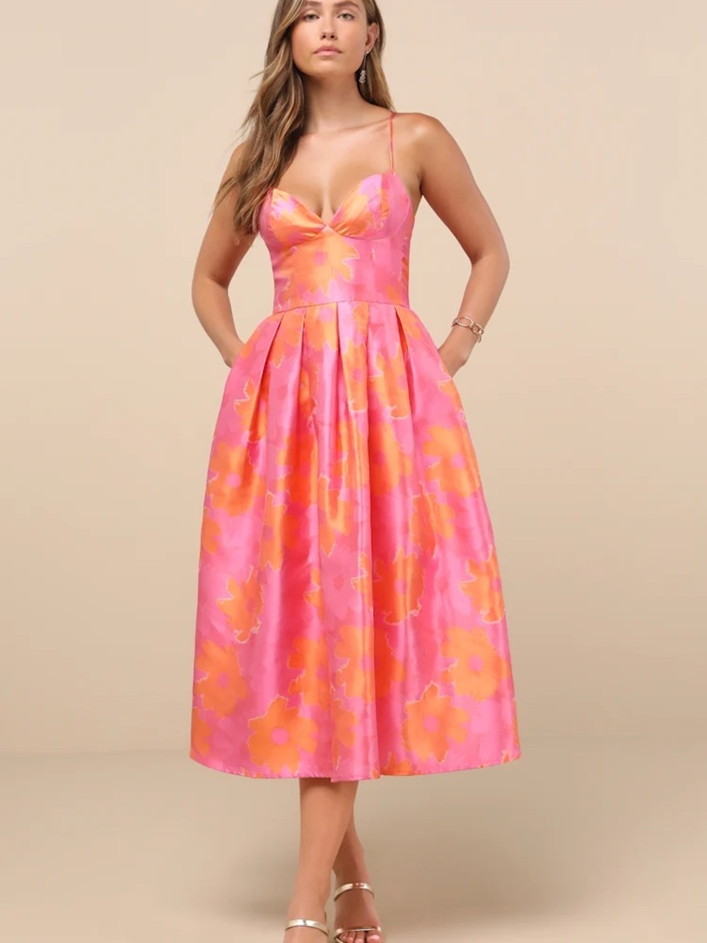 Lulu's Pink and Orange Floral Strapless Midi Dress